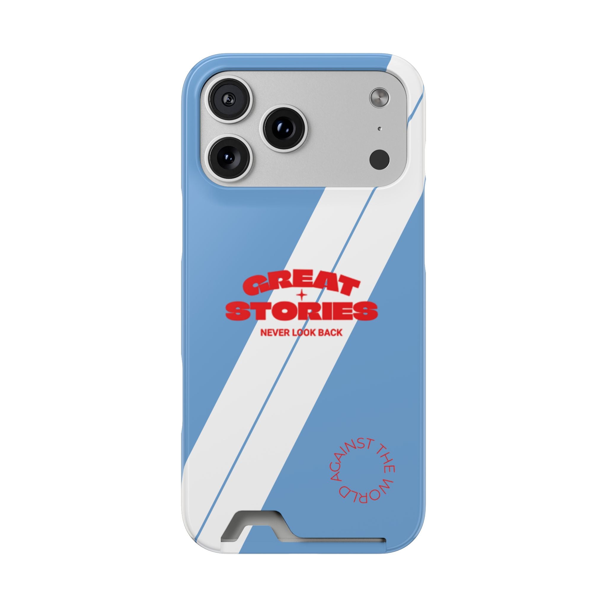 GTS Phone Case with Card Holder — Retro Blue 'Great Stories, Never Look Back' Protective Wallet Case