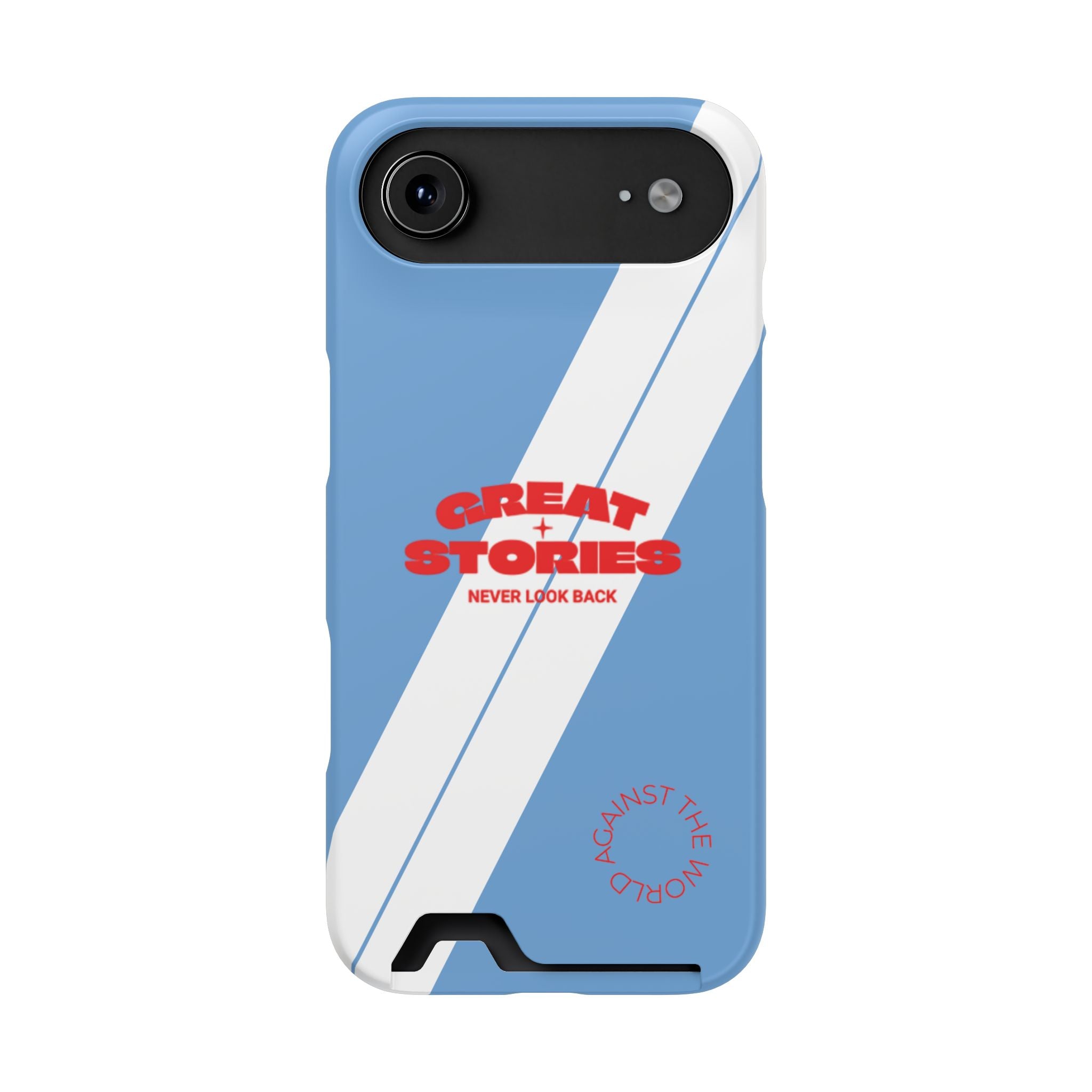 GTS Phone Case with Card Holder — Retro Blue 'Great Stories, Never Look Back' Protective Wallet Case